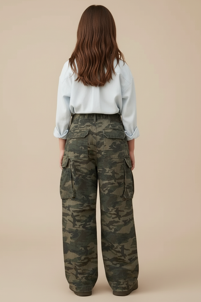 Pantalon Baggy Camouflage Ample Cargo Militaire Fille - Kaki Toile - vue 2