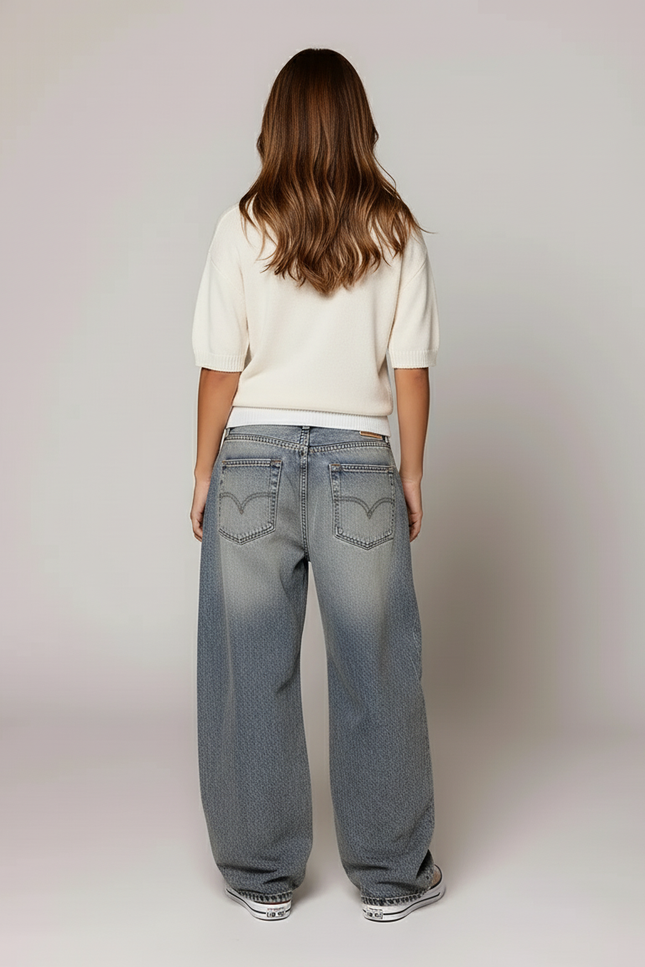 Pantalon Baggy Jean Ample Délavé Femme Urbain - Bleu - vue 2