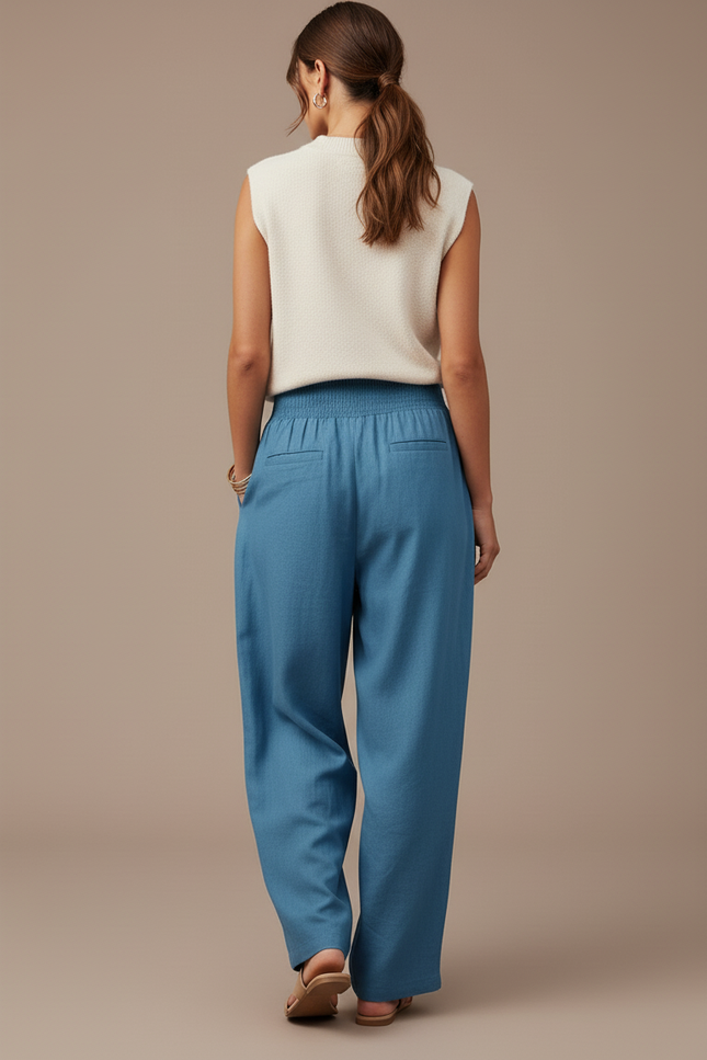 Pantalon Baggy Bleu Fluide Smocké Décontracté Femme - Lin - vue 2