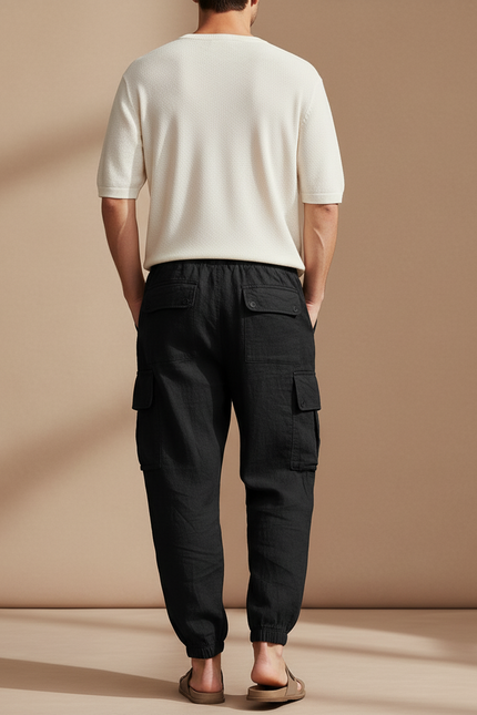 Pantalon Baggy Noir Lin Cargo Ample Cordon Homme - vue 2