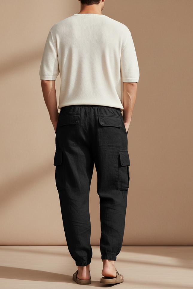 Pantalon Baggy Noir Lin Cargo Ample Cordon Homme - vue 2