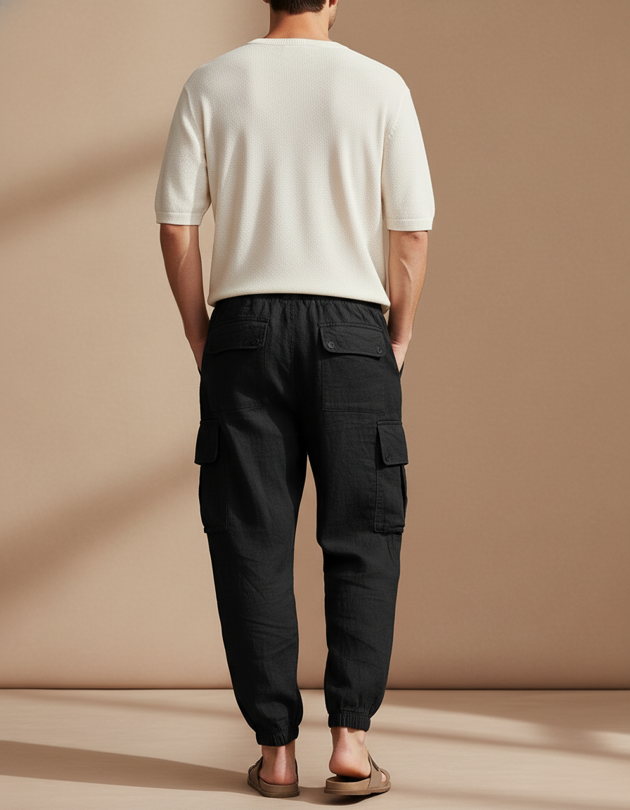 Pantalon Baggy Noir Lin Cargo Ample Cordon Homme - vue 2