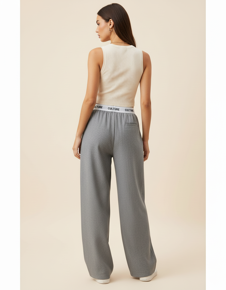 Pantalon Baggy Gris Ample Taille Haute Décontracté - Maille - vue 2