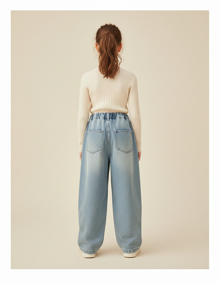 Pantalon Baggy Denim Bleu Brodé Chiens Ample Fille - Jean - vue 2