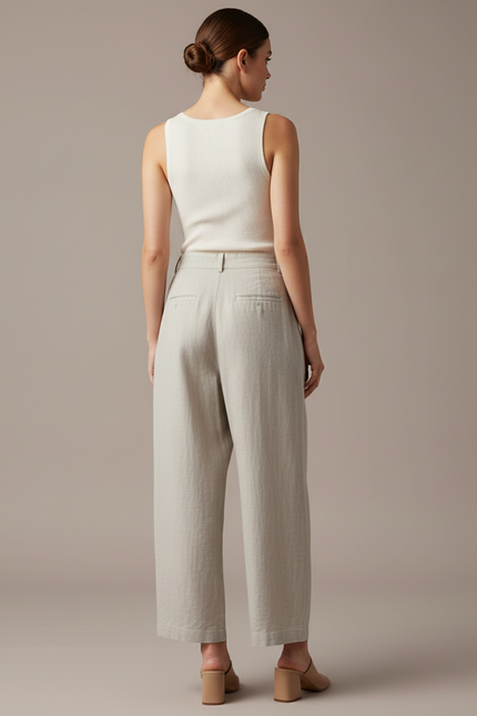 Pantalon Baggy Lin Beige Ample Plissé Femme - vue 2