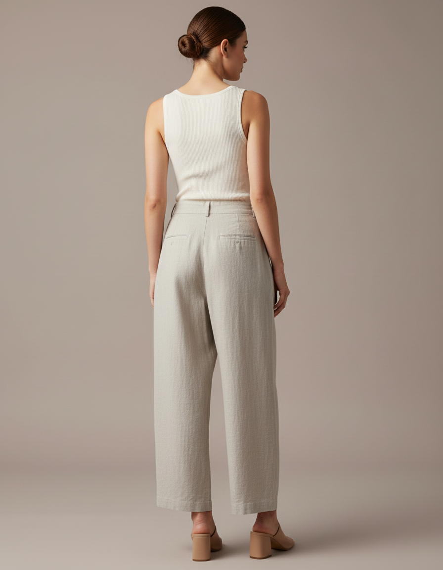Pantalon Baggy Lin Beige Ample Plissé Femme - vue 2