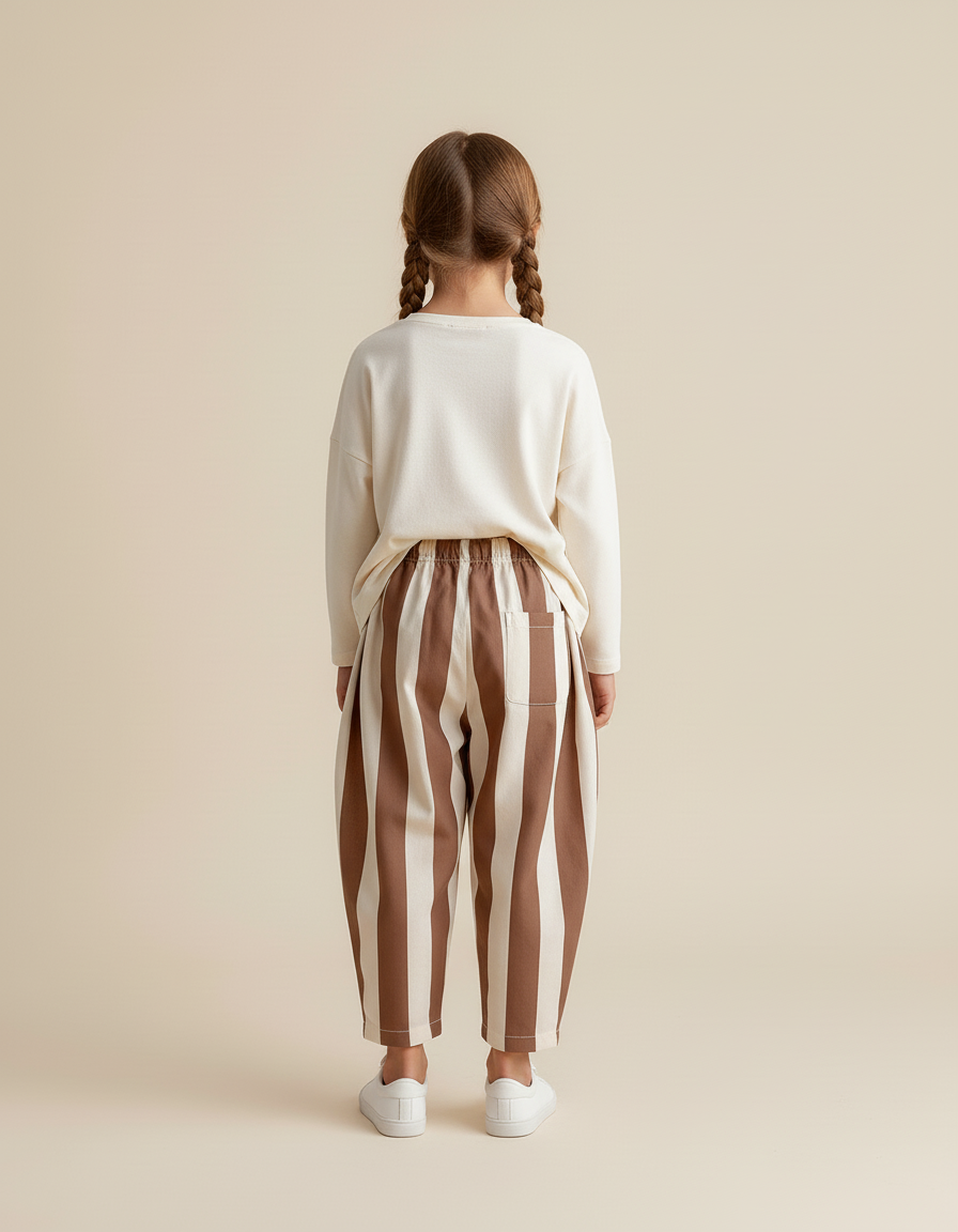 Pantalon Baggy Rayé Marron Blanc Ample Coton Enfant - Multicolore - vue 2