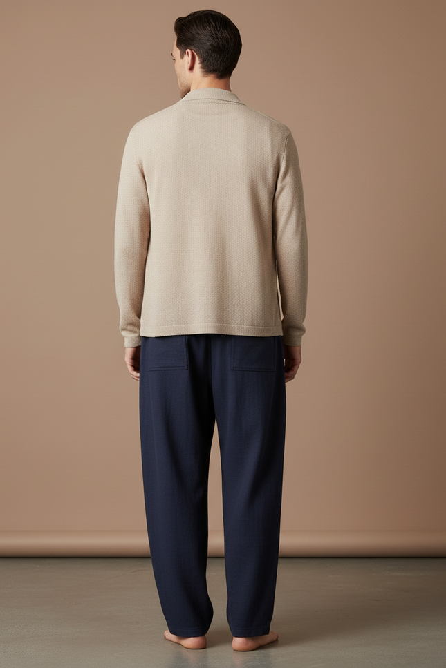 Pantalon Baggy Marine Coton Droit Confortable Cordon - Lin - vue 2