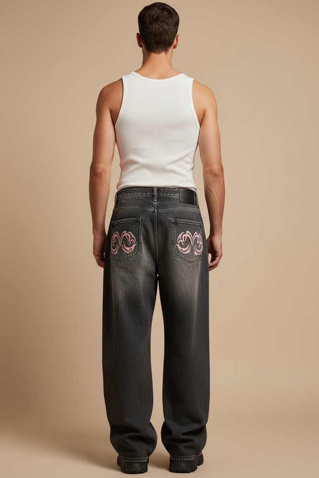 Pantalon Baggy Gris Délavé Ample Imprimé Rose Homme - Jean - vue 2