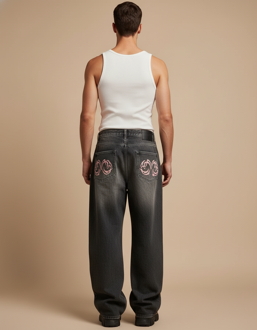 Pantalon Baggy Gris Délavé Ample Imprimé Rose Homme - Jean - vue 2