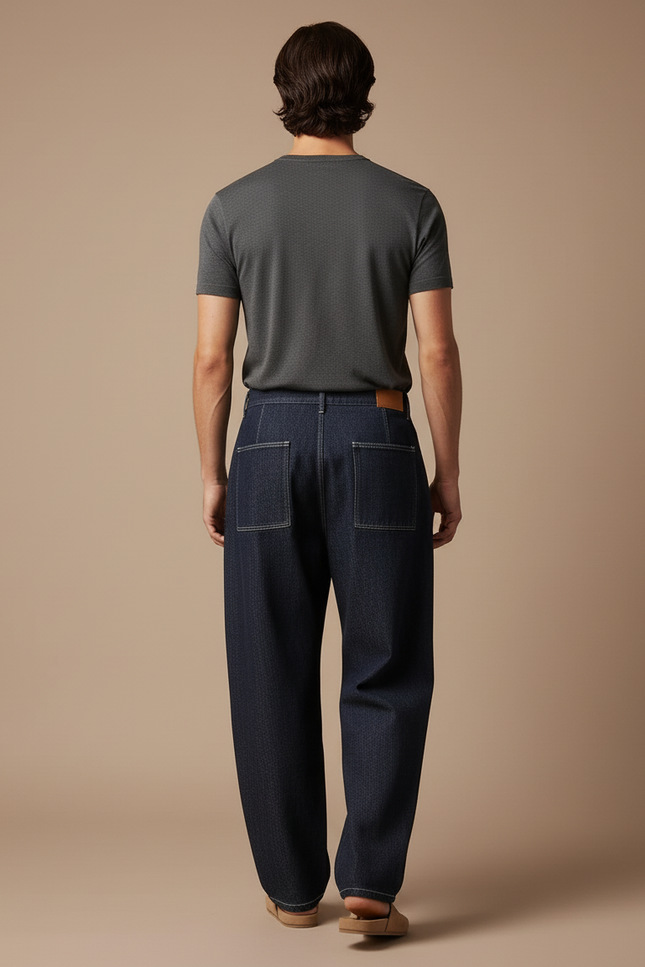 Pantalon Baggy Jean Denim Brodé Ample Plissé - Marine - vue 2