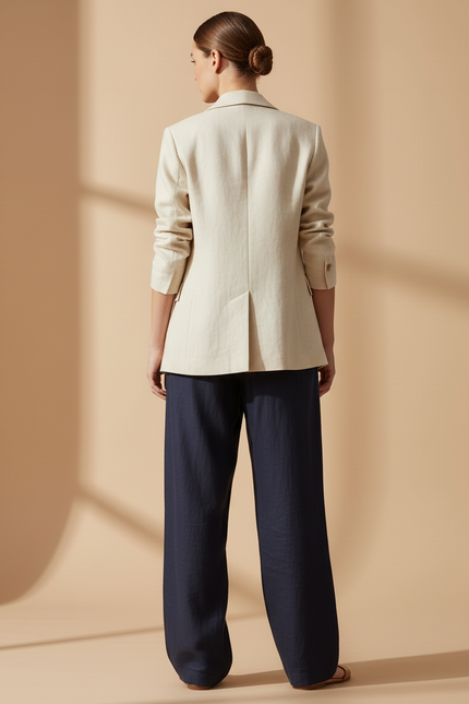 Pantalon Baggy Bleu Marine Ample Décontracté Lin Élastiqué - vue 2
