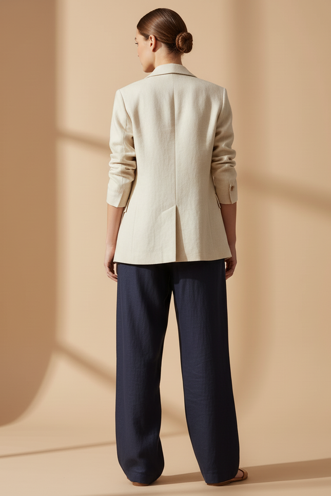 Pantalon Baggy Bleu Marine Ample Décontracté Lin Élastiqué - vue 2