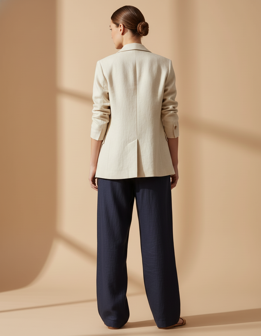 Pantalon Baggy Bleu Marine Ample Décontracté Lin Élastiqué - vue 2