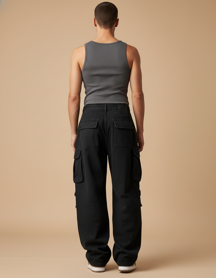 Pantalon Baggy Noir Cargo Ample Multi-Poches Homme - Toile - vue 2