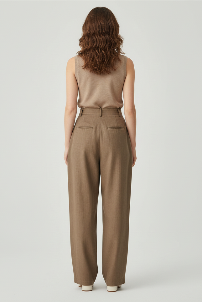 Pantalon Baggy Marron Ample Plissé Taille Haute Femme - Kaki Lin - vue 2