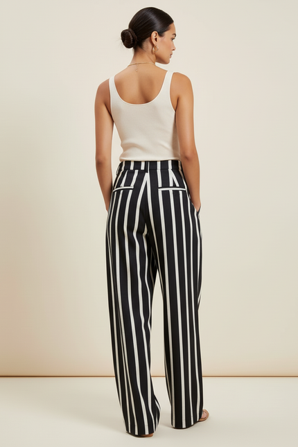 Pantalon Baggy Noir Rayé Blanc Ample Fluide Élégant - Lin - vue 2