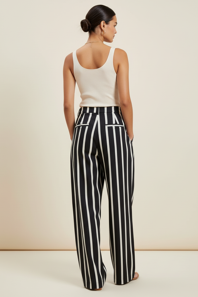 Pantalon Baggy Noir Rayé Blanc Ample Fluide Élégant - Lin - vue 2