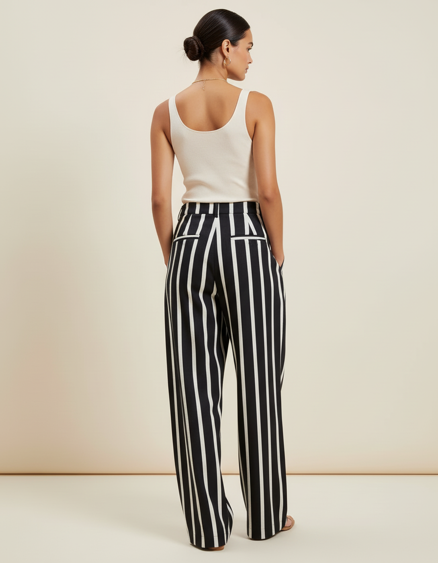 Pantalon Baggy Noir Rayé Blanc Ample Fluide Élégant - Lin - vue 2