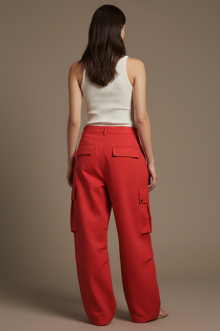 Pantalon Baggy Rouge Cargo Large Décontracté Femme - Lin - vue 2