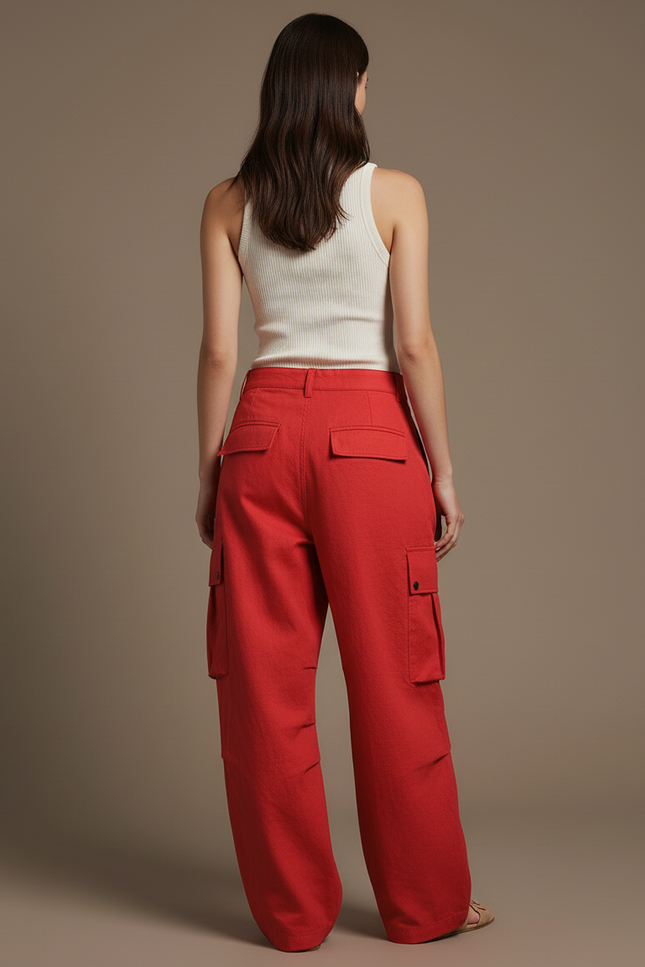 Pantalon Baggy Rouge Cargo Large Décontracté Femme - Lin - vue 2