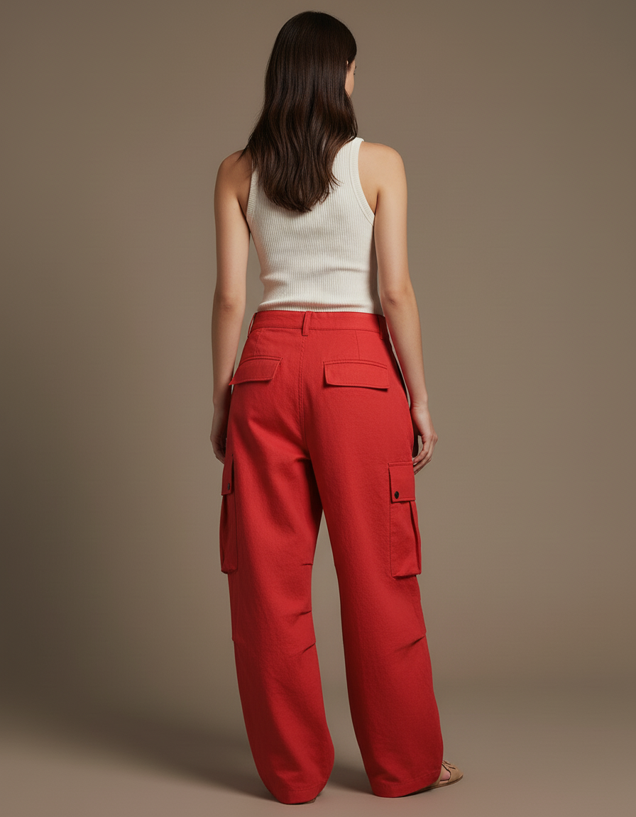 Pantalon Baggy Rouge Cargo Large Décontracté Femme - Lin - vue 2