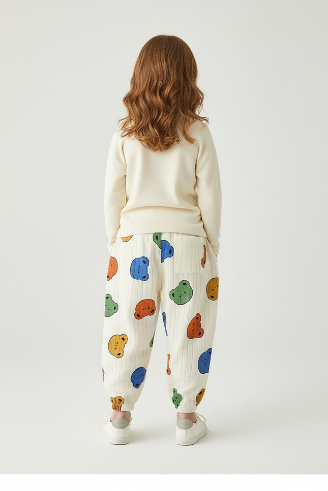 Pantalon Baggy Blanc Rayé Imprimé Oursons Coton Ample - vue 2