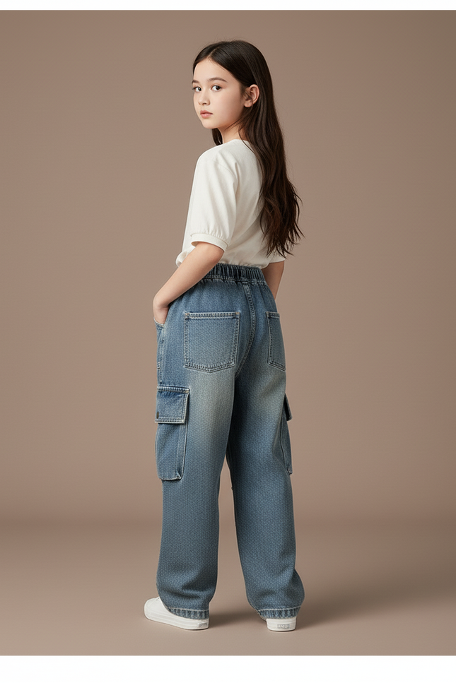 Pantalon Baggy Jean Bleu Clair Cargo Ample Enfant - vue 2