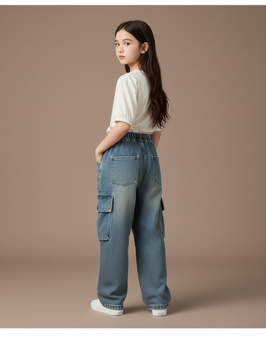 Pantalon Baggy Jean Bleu Clair Cargo Ample Enfant - vue 2