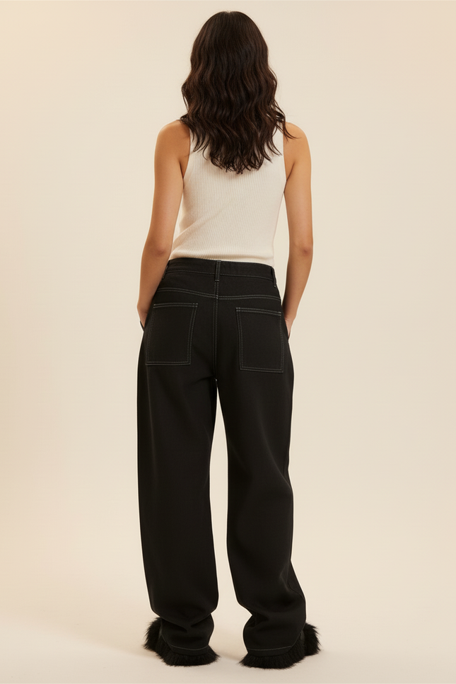 Pantalon Baggy Noir Ample Surpiqûres Blanches Femme - Jean - vue 2