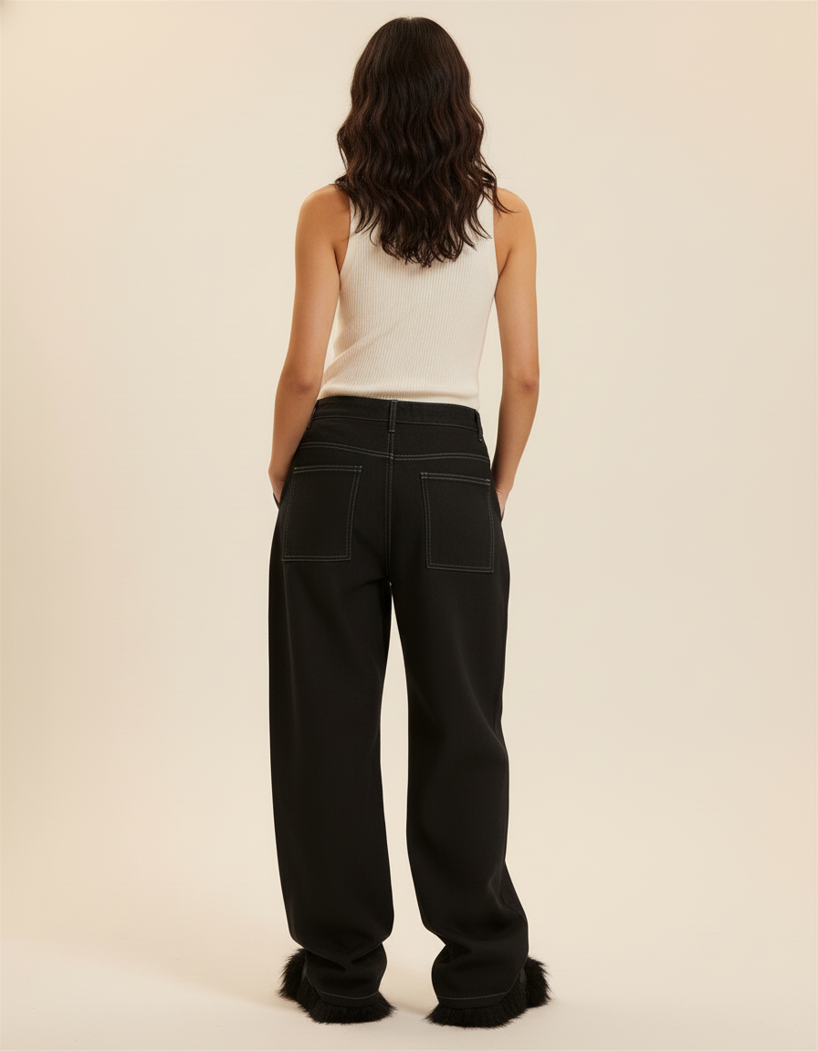 Pantalon Baggy Noir Ample Surpiqûres Blanches Femme - Jean - vue 2