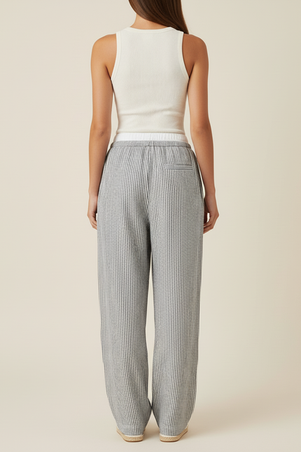 Pantalon Baggy Gris Rayé Fluide Ample Décontracté - Lin - vue 2