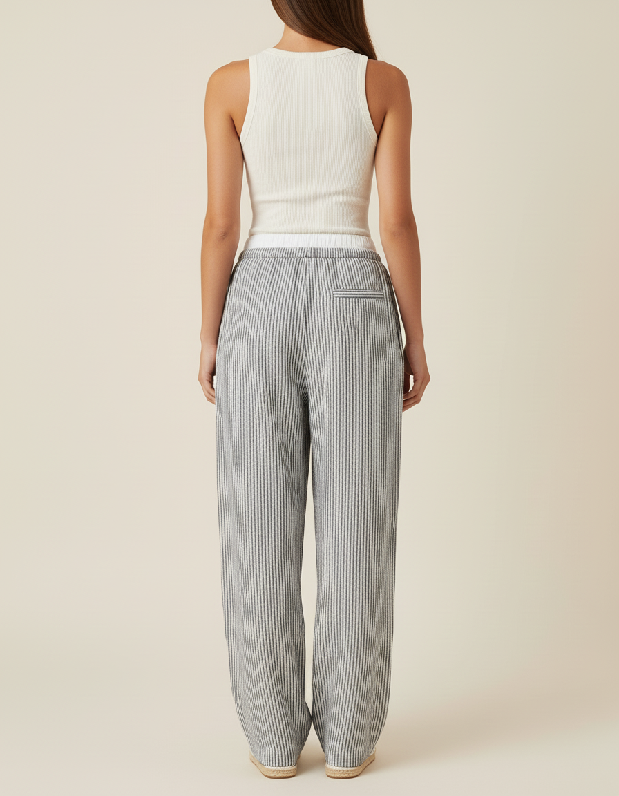Pantalon Baggy Gris Rayé Fluide Ample Décontracté - Lin - vue 2