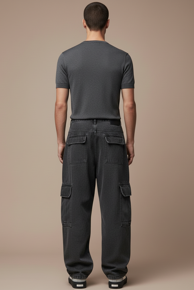 Pantalon Baggy Cargo Gris Foncé Ample Plissé Homme - Jean - vue 2