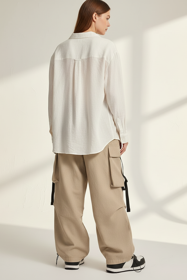 Pantalon Baggy Cargo Ample Beige Décontracté Femme - Toile - vue 2