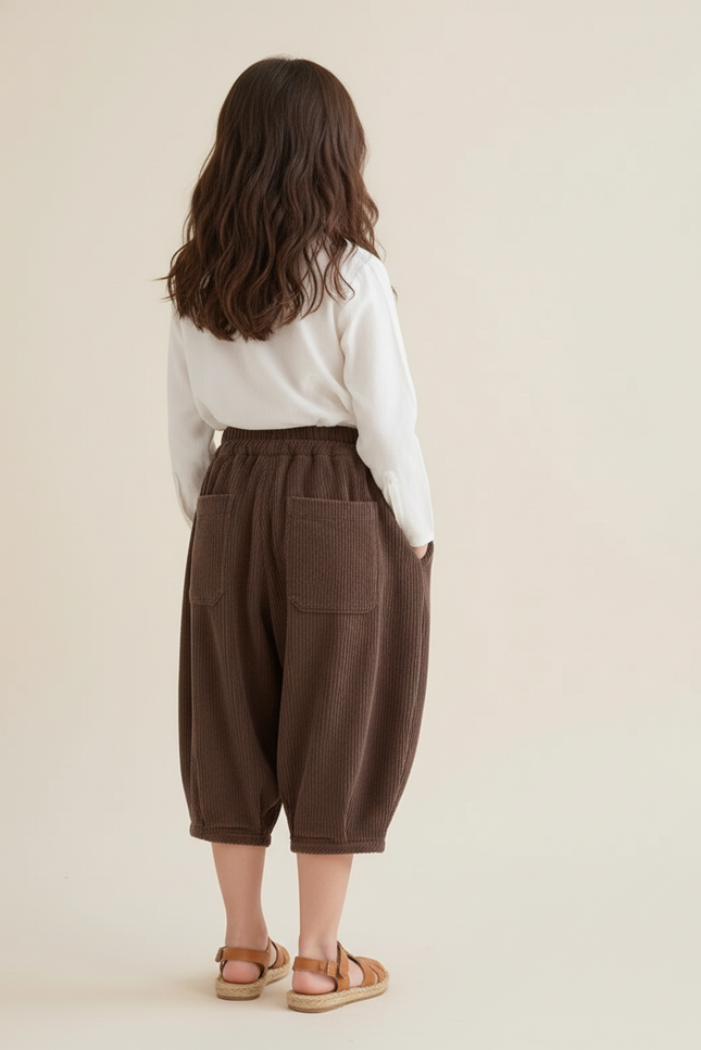 Pantalon Baggy Fille Taille Élastique Velours 2 - Marron Cordé - vue 2