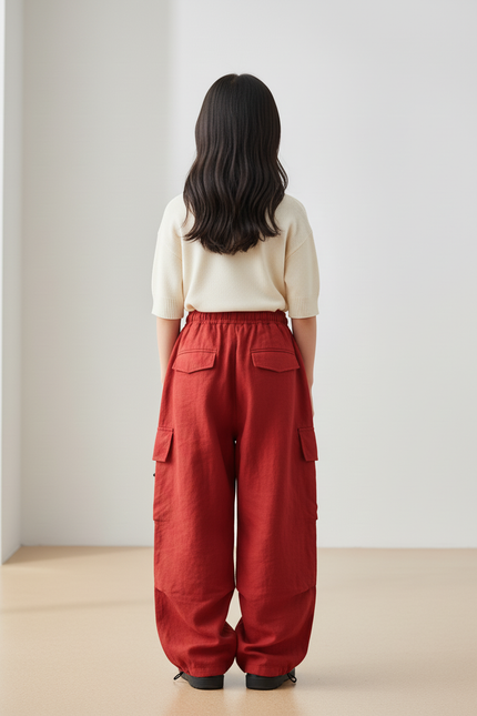 Pantalon Baggy Rouge Cargo Ample Lin Enfant - vue 2