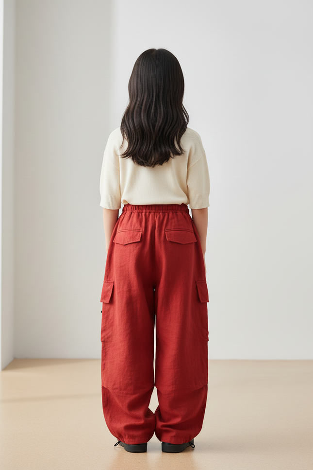 Pantalon Baggy Rouge Cargo Ample Lin Enfant - vue 2
