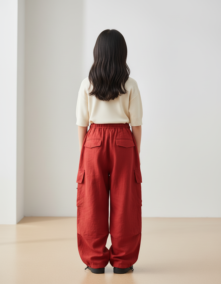 Pantalon Baggy Rouge Cargo Ample Lin Enfant - vue 2