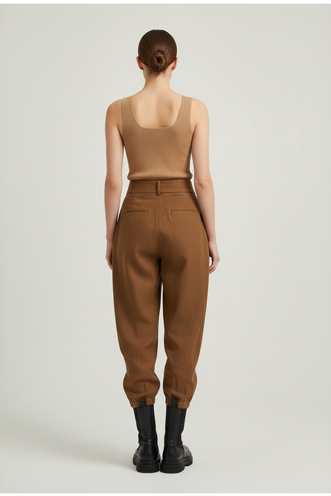Pantalon Baggy Marron Taille Haute Asymétrique Femme - Lin - vue 2