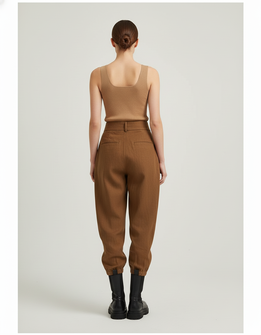Pantalon Baggy Marron Taille Haute Asymétrique Femme - Lin - vue 2