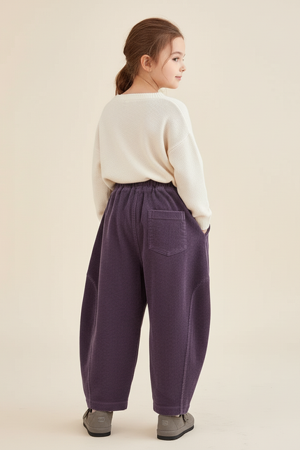 Pantalon Baggy Fille Taille Élastique Velours - Violet Cordé - vue 2