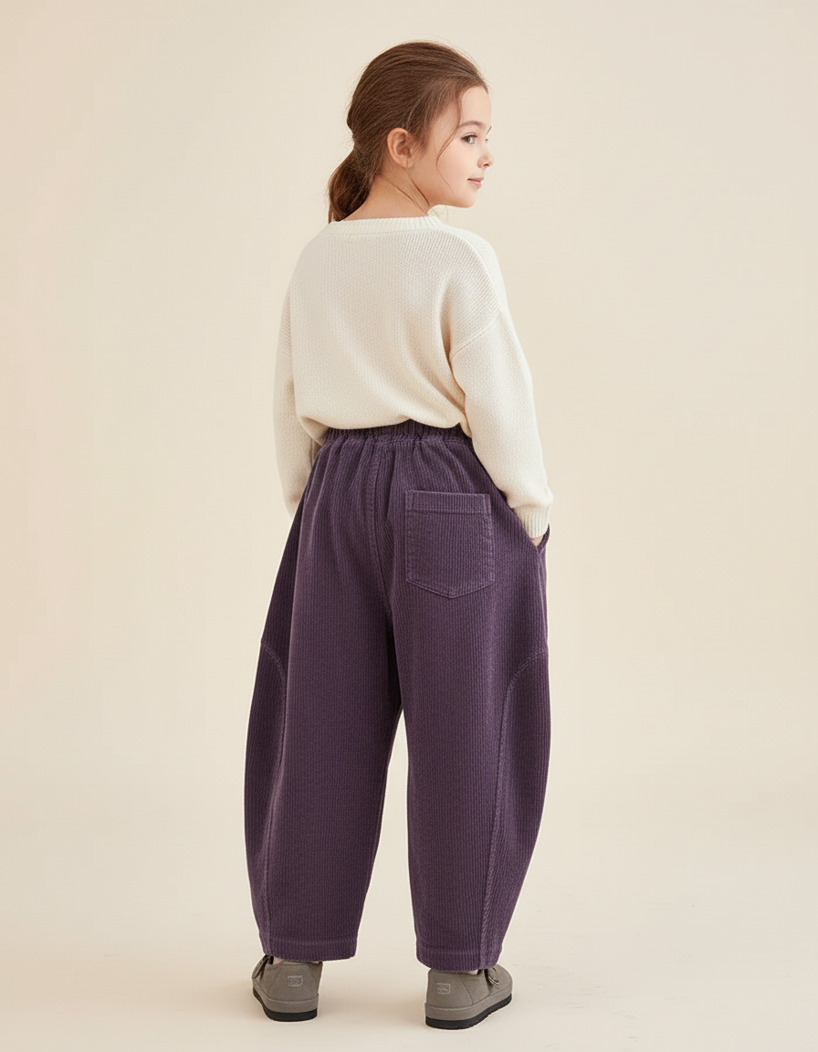 Pantalon Baggy Fille Taille Élastique Velours - Violet Cordé - vue 2