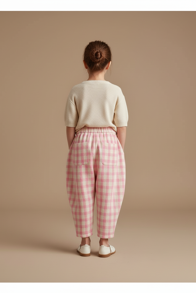 Pantalon Baggy Rose Écru Plaid Ample Coton - vue 2