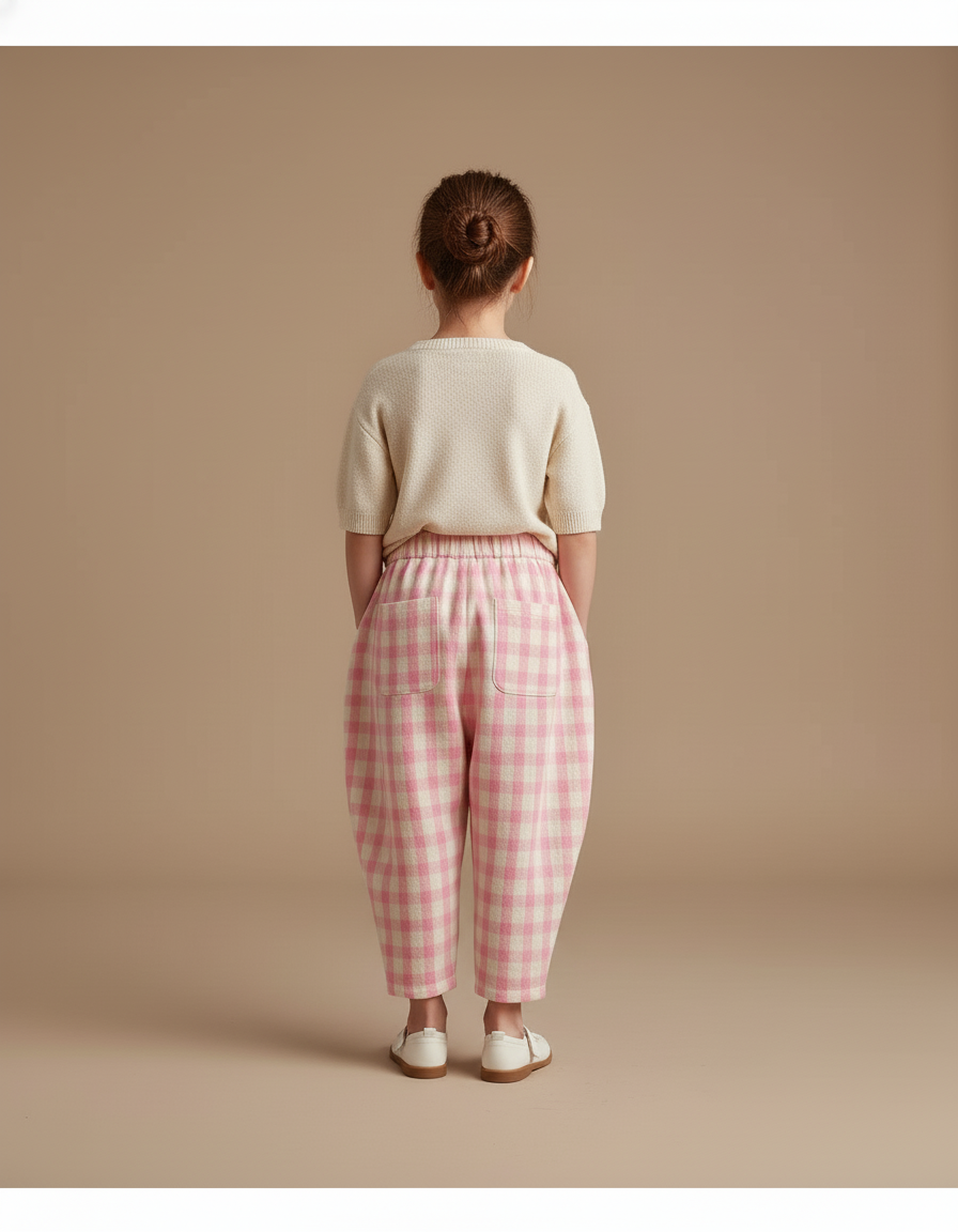 Pantalon Baggy Rose Écru Plaid Ample Coton - vue 2