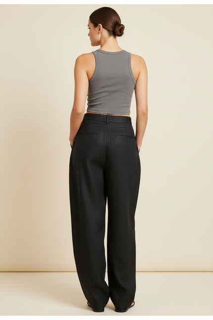 Pantalon Baggy Noir Lin Ample Fluide Élégant Femme - vue 2