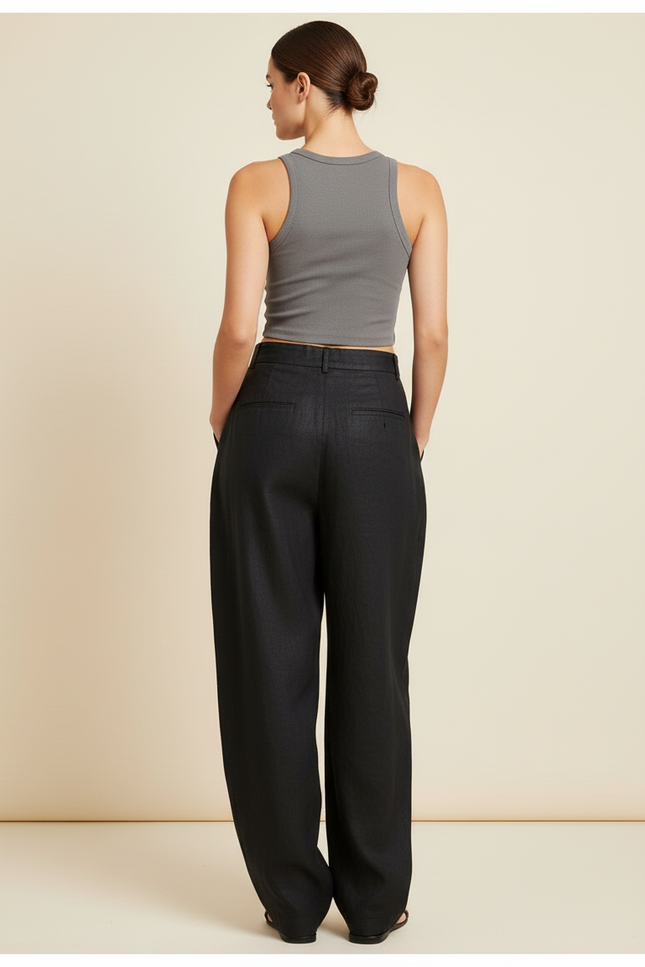 Pantalon Baggy Noir Lin Ample Fluide Élégant Femme - vue 2