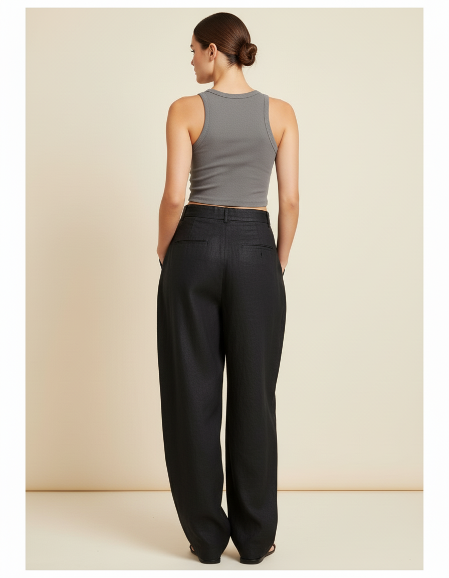 Pantalon Baggy Noir Lin Ample Fluide Élégant Femme - vue 2