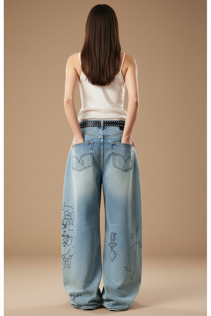 Pantalon Baggy Denim Large Décontracté Brodé Esthétique - Bleu Jean - vue 2