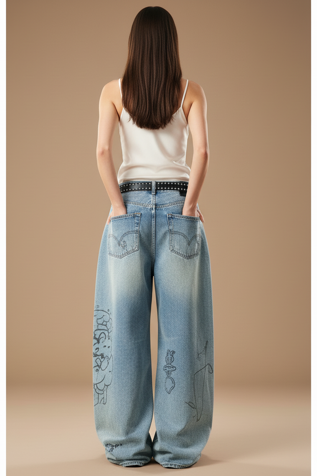 Pantalon Baggy Denim Large Décontracté Brodé Esthétique - Bleu Jean - vue 2